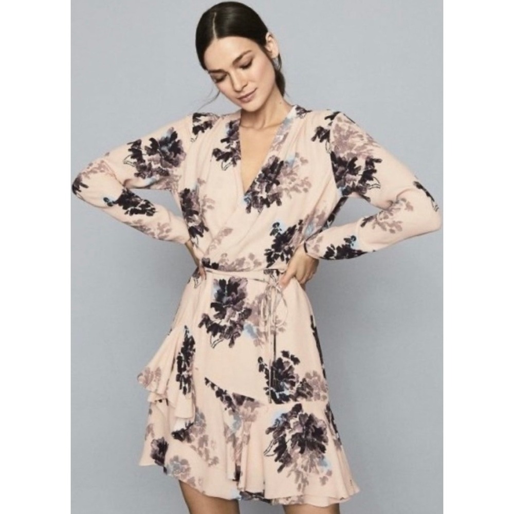 Reiss Anja Floral Surplice Ruffled Wrap Mini Dress Pink Wedding Guest Size 8